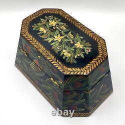 Vintage Chinoiserie Black Lacquer Box with Hand Painted Leaves, Fruit, & Parrots