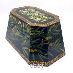 Vintage Chinoiserie Black Lacquer Box with Hand Painted Leaves, Fruit, & Parrots