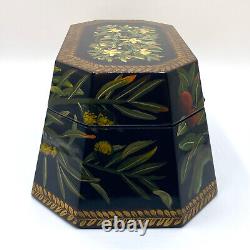 Vintage Chinoiserie Black Lacquer Box with Hand Painted Leaves, Fruit, & Parrots