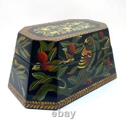 Vintage Chinoiserie Black Lacquer Box with Hand Painted Leaves, Fruit, & Parrots