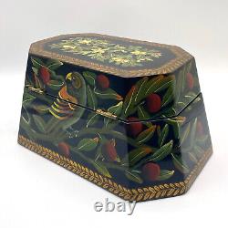 Vintage Chinoiserie Black Lacquer Box with Hand Painted Leaves, Fruit, & Parrots