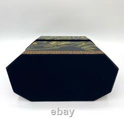 Vintage Chinoiserie Black Lacquer Box with Hand Painted Leaves, Fruit, & Parrots