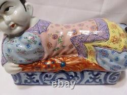 Vintage Chinoiserie Ceramic Embossed Pattern Opium Headrest Pillow Figurine Box