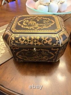 Vintage Chinoiserie Painted Box With Flip Top & Felt Lined, Set Of 2
