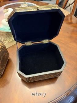 Vintage Chinoiserie Painted Box With Flip Top & Felt Lined, Set Of 2