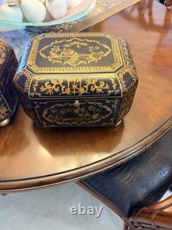 Vintage Chinoiserie Painted Box With Flip Top & Felt Lined, Set Of 2