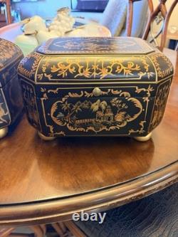 Vintage Chinoiserie Painted Box With Flip Top & Felt Lined, Set Of 2