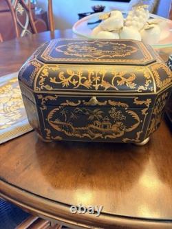 Vintage Chinoiserie Painted Box With Flip Top & Felt Lined, Set Of 2