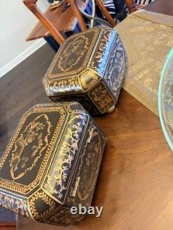 Vintage Chinoiserie Painted Box With Flip Top & Felt Lined, Set Of 2