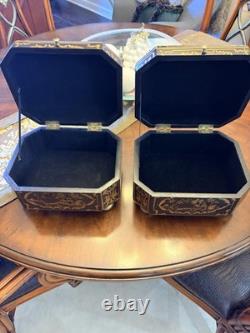 Vintage Chinoiserie Painted Box With Flip Top & Felt Lined, Set Of 2
