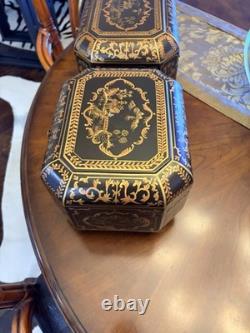 Vintage Chinoiserie Painted Box With Flip Top & Felt Lined, Set Of 2