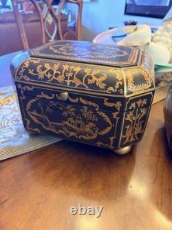 Vintage Chinoiserie Painted Box With Flip Top & Felt Lined, Set Of 2