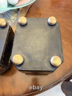 Vintage Chinoiserie Painted Box With Flip Top & Felt Lined, Set Of 2
