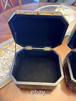 Vintage Chinoiserie Painted Box With Flip Top & Felt Lined, Set Of 2