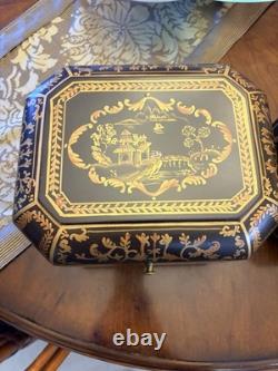 Vintage Chinoiserie Painted Box With Flip Top & Felt Lined, Set Of 2
