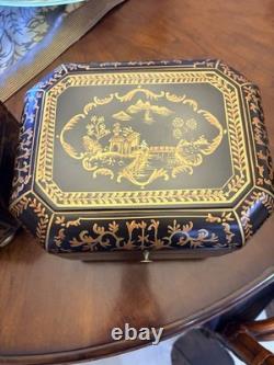 Vintage Chinoiserie Painted Box With Flip Top & Felt Lined, Set Of 2