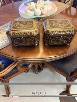 Vintage Chinoiserie Painted Box With Flip Top & Felt Lined, Set Of 2