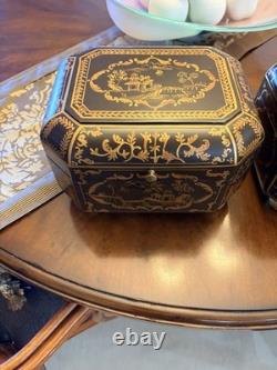 Vintage Chinoiserie Painted Box With Flip Top & Felt Lined, Set Of 2