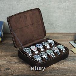 Vintage Cowhide 10 Slots Watch Box Organizer Display Zipper Watch Case Leather