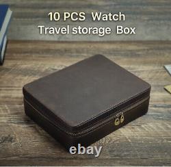 Vintage Cowhide 10 Slots Watch Box Organizer Display Zipper Watch Case Leather