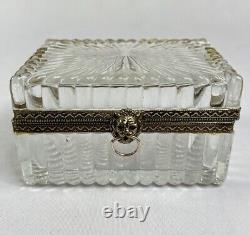 Vintage Cut Crystal Glass Lion Head Casket Trinket Jewelry Box Art Nouveau