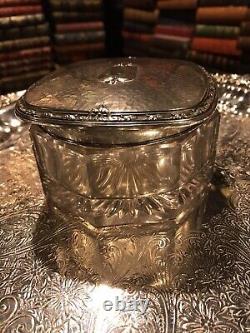 Vintage Cut Glass Hinged Jewelry Box Silver Tray, 2 Cut Bottles Sterling LID