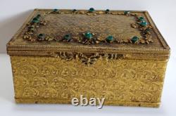 Vintage Czech Ornate Brass Jeweled Green Rhinestone Velvet Lined Trinket Box