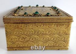 Vintage Czech Ornate Brass Jeweled Green Rhinestone Velvet Lined Trinket Box
