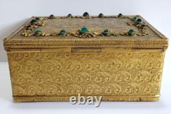 Vintage Czech Ornate Brass Jeweled Green Rhinestone Velvet Lined Trinket Box