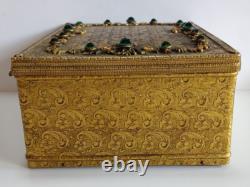 Vintage Czech Ornate Brass Jeweled Green Rhinestone Velvet Lined Trinket Box