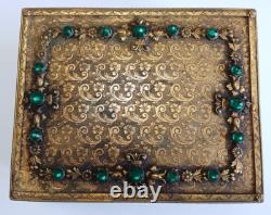 Vintage Czech Ornate Brass Jeweled Green Rhinestone Velvet Lined Trinket Box