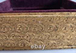 Vintage Czech Ornate Brass Jeweled Green Rhinestone Velvet Lined Trinket Box