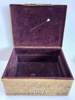 Vintage Czech Ornate Brass Jeweled Green Rhinestone Velvet Lined Trinket Box