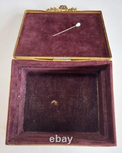 Vintage Czech Ornate Brass Jeweled Green Rhinestone Velvet Lined Trinket Box