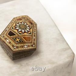 Vintage Damascus Inlaid Wood Box Mother of Pearl Seashell Mosaic Trinket Jewelry