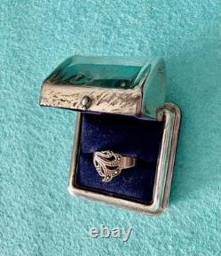 Vintage Domed Ring Box 925 Sterling Silver/ lined with Blue Velvet & Satin