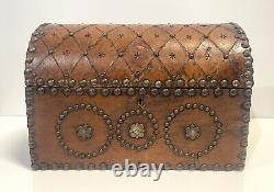 Vintage Domed Top Leather Box With Decorative Tacking