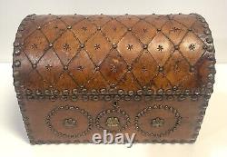 Vintage Domed Top Leather Box With Decorative Tacking