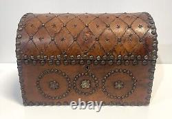 Vintage Domed Top Leather Box With Decorative Tacking