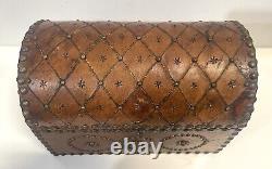 Vintage Domed Top Leather Box With Decorative Tacking