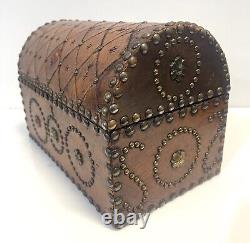 Vintage Domed Top Leather Box With Decorative Tacking