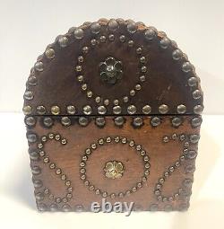 Vintage Domed Top Leather Box With Decorative Tacking