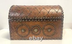 Vintage Domed Top Leather Box With Decorative Tacking