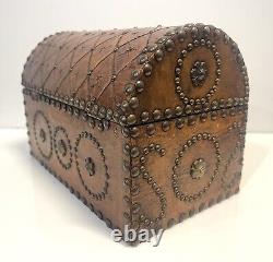 Vintage Domed Top Leather Box With Decorative Tacking