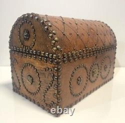 Vintage Domed Top Leather Box With Decorative Tacking