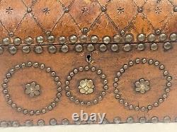 Vintage Domed Top Leather Box With Decorative Tacking