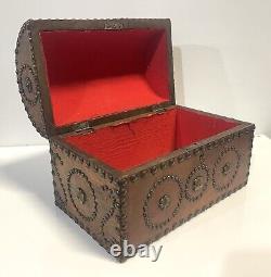 Vintage Domed Top Leather Box With Decorative Tacking