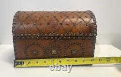 Vintage Domed Top Leather Box With Decorative Tacking