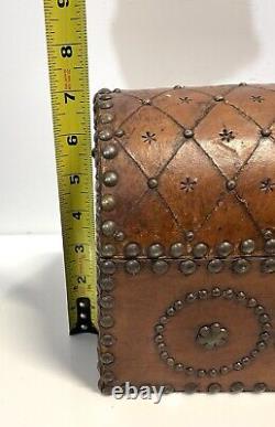 Vintage Domed Top Leather Box With Decorative Tacking