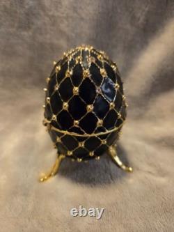 Vintage Fabergé Egg Music Box Black Gold Trinket Holder with Rhinestones